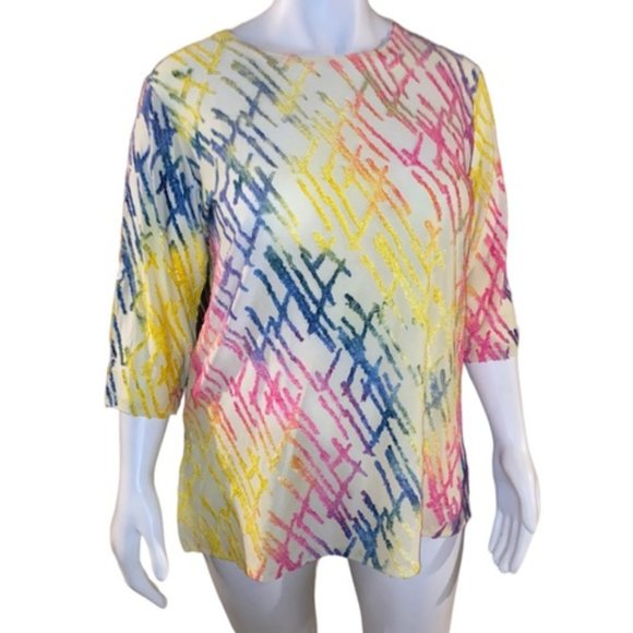 Creation Blouse 1X/2X Colorful Textured 3/4 Sleeve Cream Crew Neck Button Detail - Picture 3 of 16